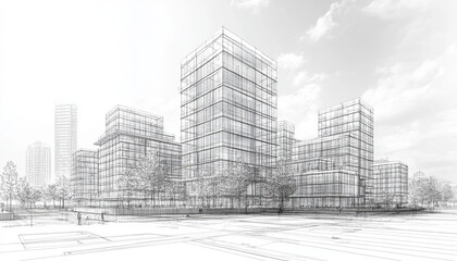 wireframe of waterfront development showcasing modern architecture and greenery