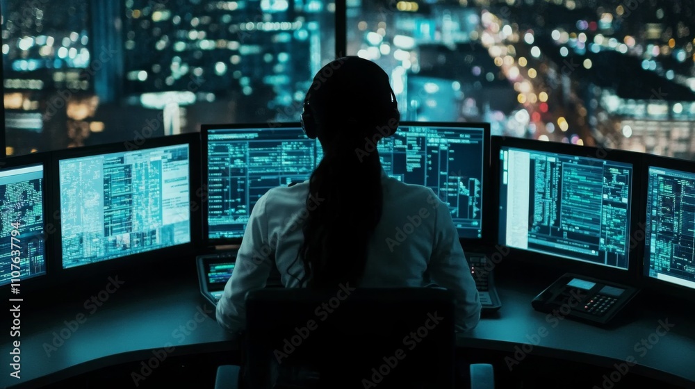 Poster In a high-rise office at night, a woman is focused on her work surrounded by multiple computer screens displaying data and code.