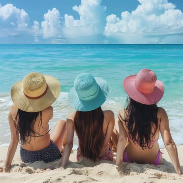 Three Beautiful Asian Girls on Beach, Pretty Women Wearing Color Hats, Generative AI Illustration