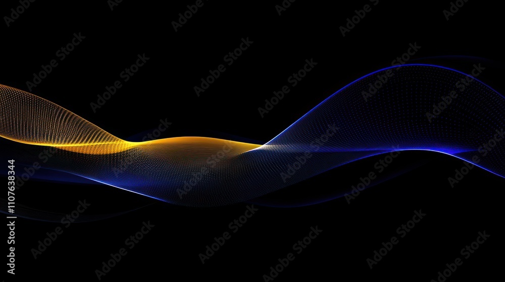 Poster abstract wave design featuring flowing lines in blue and gold against a black background.