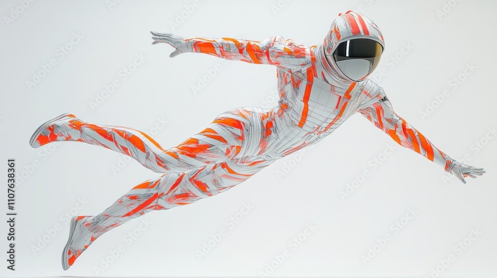 Poster a figure in a colorful, futuristic suit appears to be floating in mid-air.