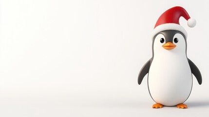 Fototapeta premium A cheerful cartoon penguin wearing a red Santa hat stands against a plain background, embodying a festive and whimsical holiday spirit.