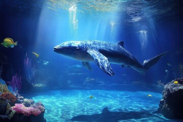 Fototapeta premium Immersive AI-enhanced aquarium showcasing a holographic projection of a majestic whale surrounded by marine life