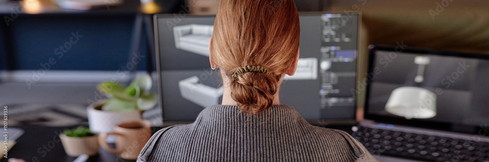 Leinwandbilder Person working on 3D modeling project shown from behind. Surroundings include computer monitors, desk plants, and office supplies creating a busy yet organized workspace