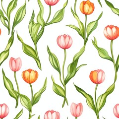Obraz premium Bright floral pattern showcasing pink and orange tulips on a white background designed for fabric or wallpaper