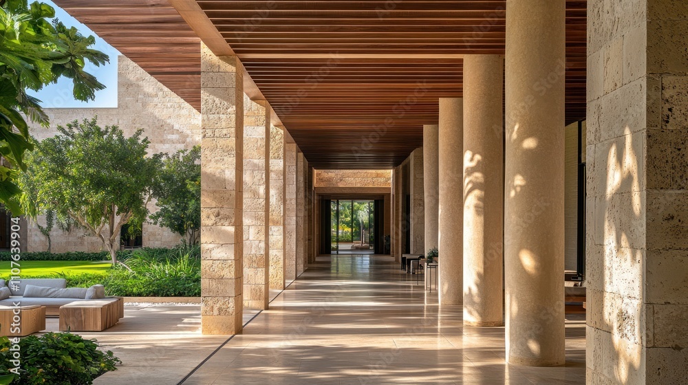 Poster A modern architectural corridor with columns and natural light, leading to a green space.