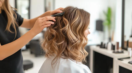 Fototapeta premium Professional hairdresser finishing a client’s hairstyle, creating soft curls in a bright studio