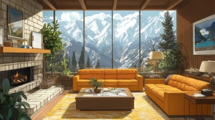 Fototapeta premium Mountain View Living Room: A Retro Escape
