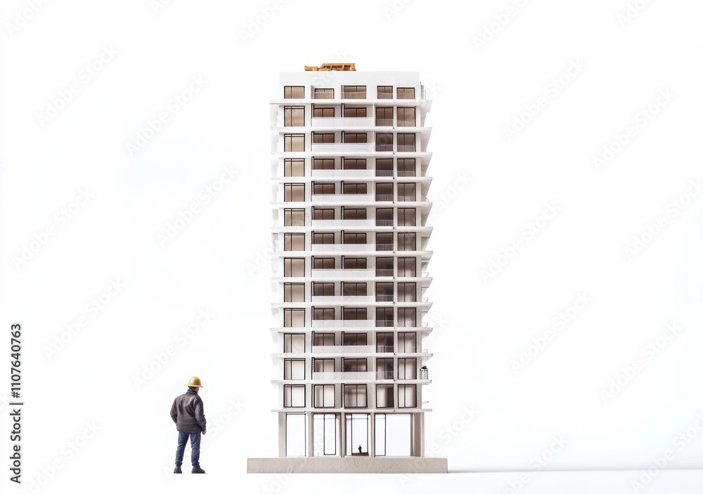 Poster A miniature architectural model of a multi-story building with a person for scale.