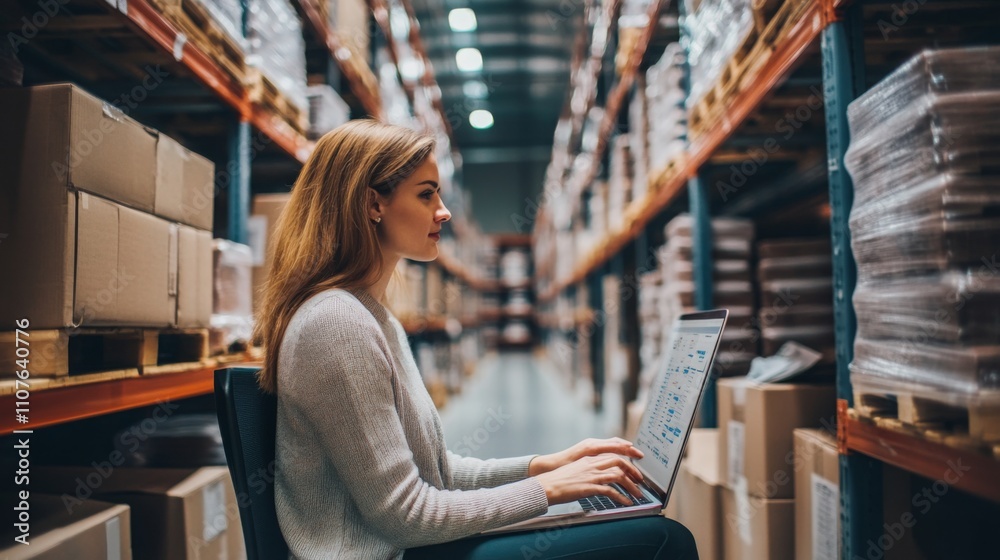Aufkleber a woman is seated at a laptop in a bustling warehouse, focused on her work with artificial intellige