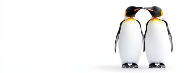 Fototapeta premium Two penguins share a tender moment, standing close together against a clean, white background.