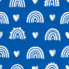 Blue seamless pattern with white rainbow and heart