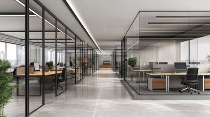 Modern office layout with glass walls, functional workstations, and creative design elements to foster a collaborative environment