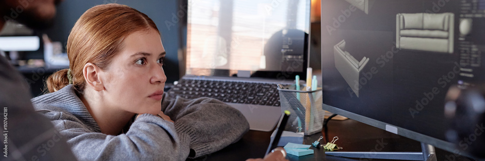 Aufkleber woman working on architectural design on computer screen, sitting at desk with concentrated expressi