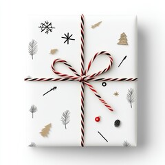 A holiday-wrapped gift box with Christmas-themed patterns, captured from above on a white background, offering a clean and festive presentation.  