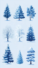 Fototapeta premium Snow-Covered Tree Icons Set, Winter Forest Elements
