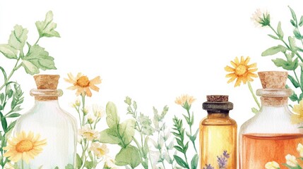 Holistic Health. Beautiful illustration of herbal bottles surrounded by delicate flowers and green leaves, perfect for wellness and natural themes.