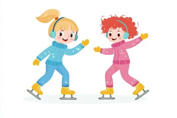Cute and happy cartoon illustration of two young girls ice skating in colorful figure skates and headsets