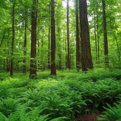 Obraz premium Lush green foliage in a summer forest setting, wilderness natural, 