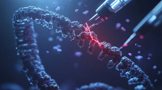 Concept of genetic engineering with visuals of CRISPR technology, gene editing tools, and molecular biology techniques