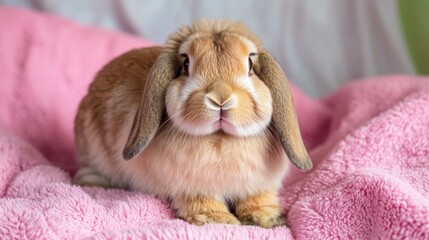 A cute, fluffy bunny resting on a soft pink blanket, showcasing its adorable features and relaxed demeanor.
