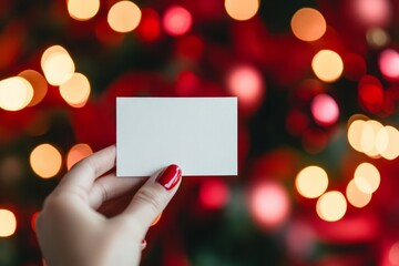 Obraz premium Hand holding a blank white celebration business card, red blurred Christmas background