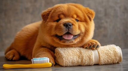 A fluffy, smiling Chow Chow puppy rests on a towel, next to a bright yellow grooming brush, radiating cuteness and comfort.