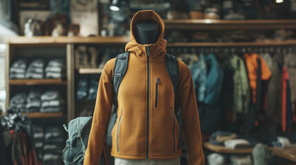 Obraz premium Blank fleece jacket displayed on a mannequin in an outdoor adventure store, with hiking gear nearby