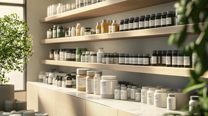 Modern minimalist apothecary shelves stocked with supplements