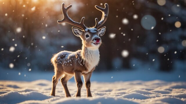 Reno navide&ntilde;o animado en la nieve con fondo desenfocado. Postal Navidad