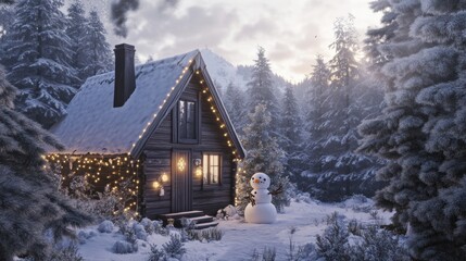 Fototapeta premium Cozy wooden chalet in a snowy forest with glowing string lights around the windows, a snowman in the yard, and a chimney puffing smoke, surrounded by snow-covered pine trees.
