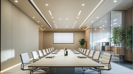 Visualization of a modern conference room with emphasis on advanced technology, functional design, and professional ambiance