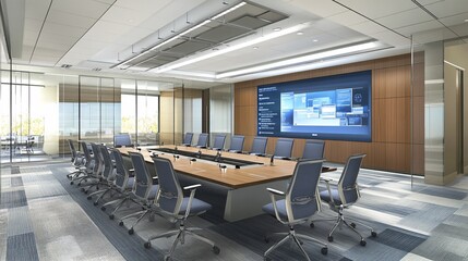 Concept of a conference room design with emphasis on clean lines, advanced technology, and a collaborative setting for productive discussions