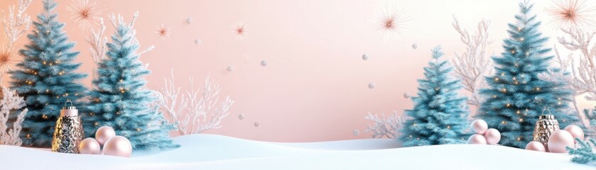 A serene winter landscape featuring snow-covered ground, frosty trees, and a soft pastel background, evoking a peaceful holiday atmosphere.