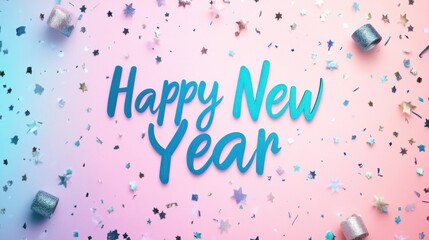 A festive background featuring "Happy New Year" text surrounded by colorful confetti and stars, creating a celebratory atmosphere.