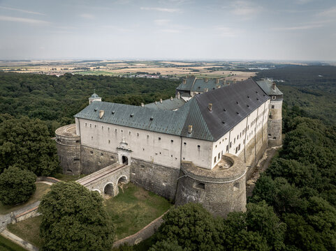 Aerial view of Cerveny Kamen, Red stone castle in the Carpathian mountains in Slovakia