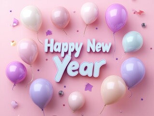 Colorful balloons surround a festive "Happy New Year" message on a soft pink background, celebrating the arrival of a new year.