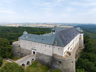 Aerial view of Cerveny Kamen, Red stone castle in the Carpathian mountains in Slovakia