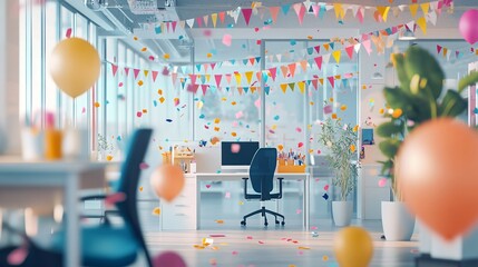 Visualization of a work anniversary celebration with focus on congratulatory messages, team activities, and festive office decorations