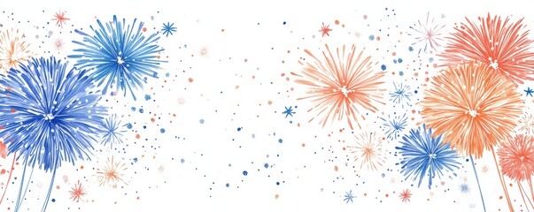 A vibrant illustration of colorful fireworks in blue and orange against a white background, celebrating joy and festivities.
