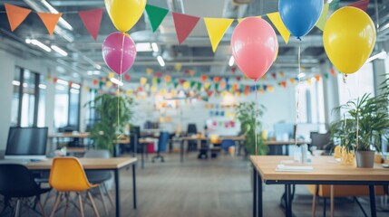 Concept of a happy work anniversary celebration with visuals of congratulatory messages, decorated office spaces, and team interactions