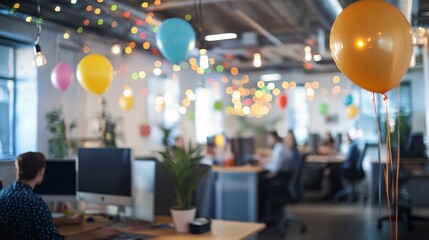Visualization of a work anniversary event with focus on team engagement, decorated office space, and recognition of the employee contributions