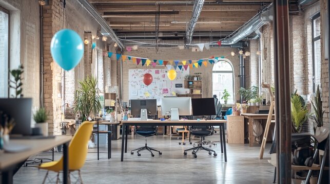 Visualization of a work anniversary event with focus on team engagement, decorated office space, and recognition of the employee contributions