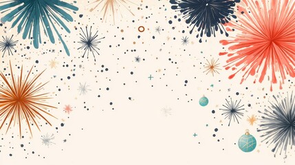 A vibrant illustration of colorful fireworks and stars against a light background, evoking a festive and celebratory atmosphere.