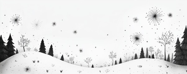 A serene winter landscape featuring snow-covered hills, silhouette trees, and a gentle snowfall creating a peaceful, monochromatic scene.