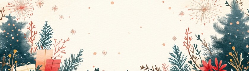 A festive illustration featuring decorated trees, presents, and a snowy background, perfect for holiday greetings and celebrations.