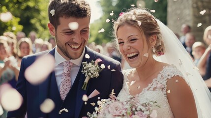Happy Couple Celebrates Wedding Day With Flower Petals