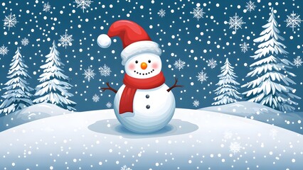 Obraz premium Snowman on a snowy day, blue background illustration