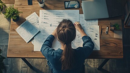 Concept of a businesswoman working on a proposal with visuals of detailed planning, office equipment, and focused work environment