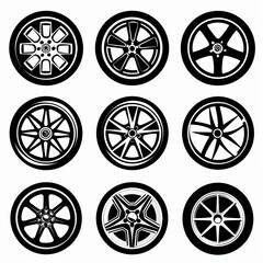 Car wheels icon, tire silhouettes, rim symbol, auto wheels sign, car tyre pictograms, minimal